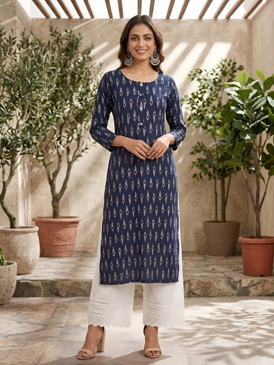 Printed Straight Kurta with Three Quarter Sleeves - Pehnaawaa