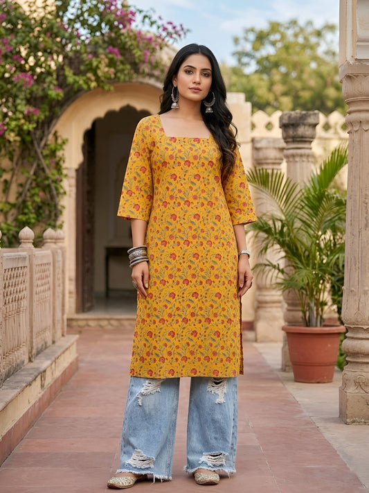 Printed Straight Kurta with Three Quarter Sleeves - Pehnaawaa