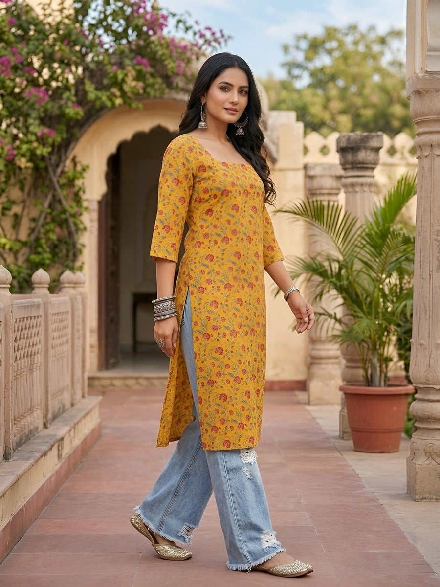 Printed Straight Kurta with Three Quarter Sleeves - Pehnaawaa