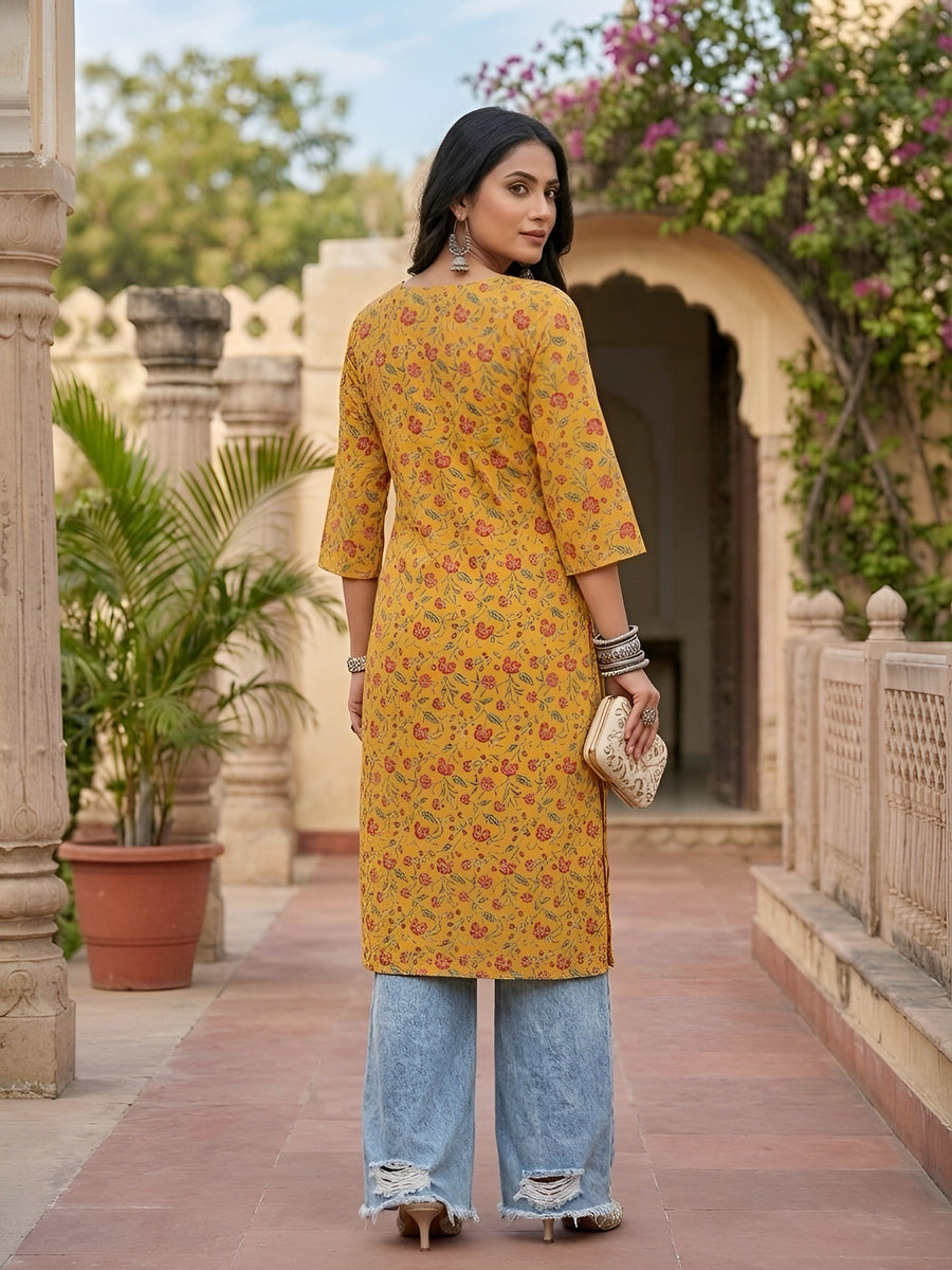 Printed Straight Kurta with Three Quarter Sleeves - Pehnaawaa