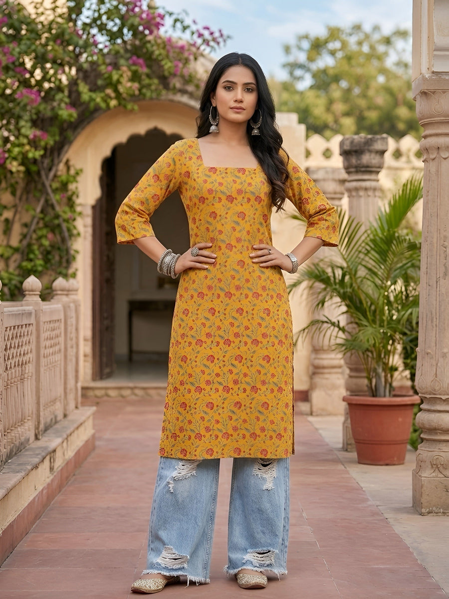 Printed Straight Kurta with Three Quarter Sleeves - Pehnaawaa