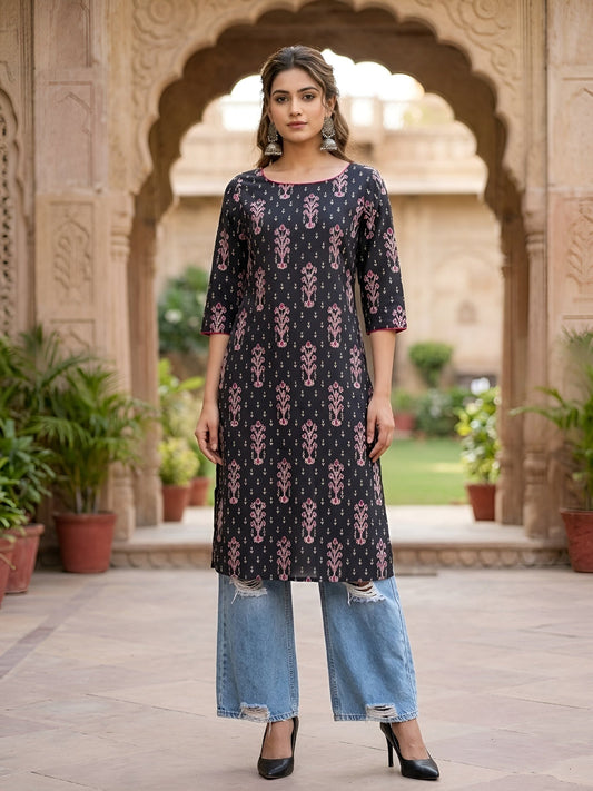 Printed Straight Kurta with Three Quarter Sleeves - Pehnaawaa