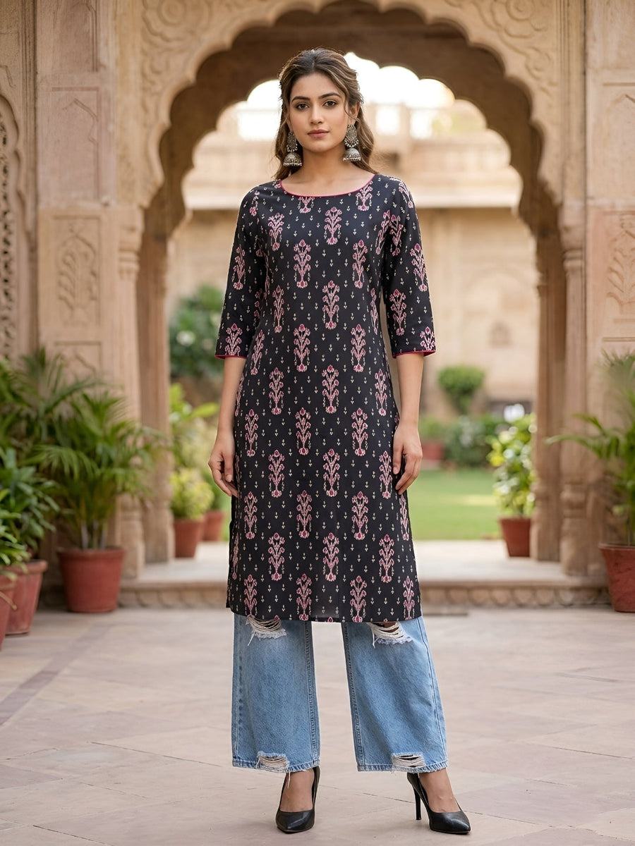 Printed Straight Kurta with Three Quarter Sleeves - Pehnaawaa