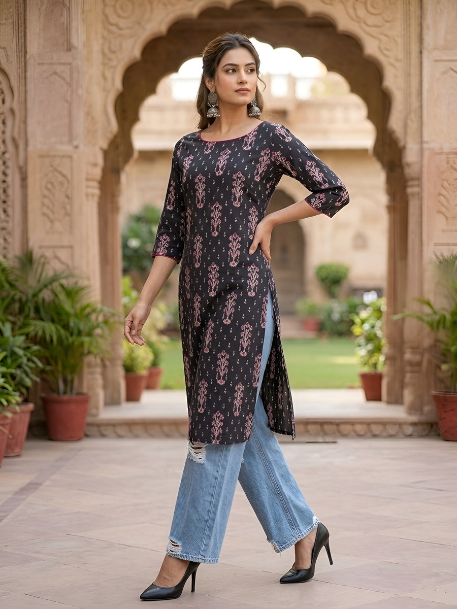 Printed Straight Kurta with Three Quarter Sleeves - Pehnaawaa