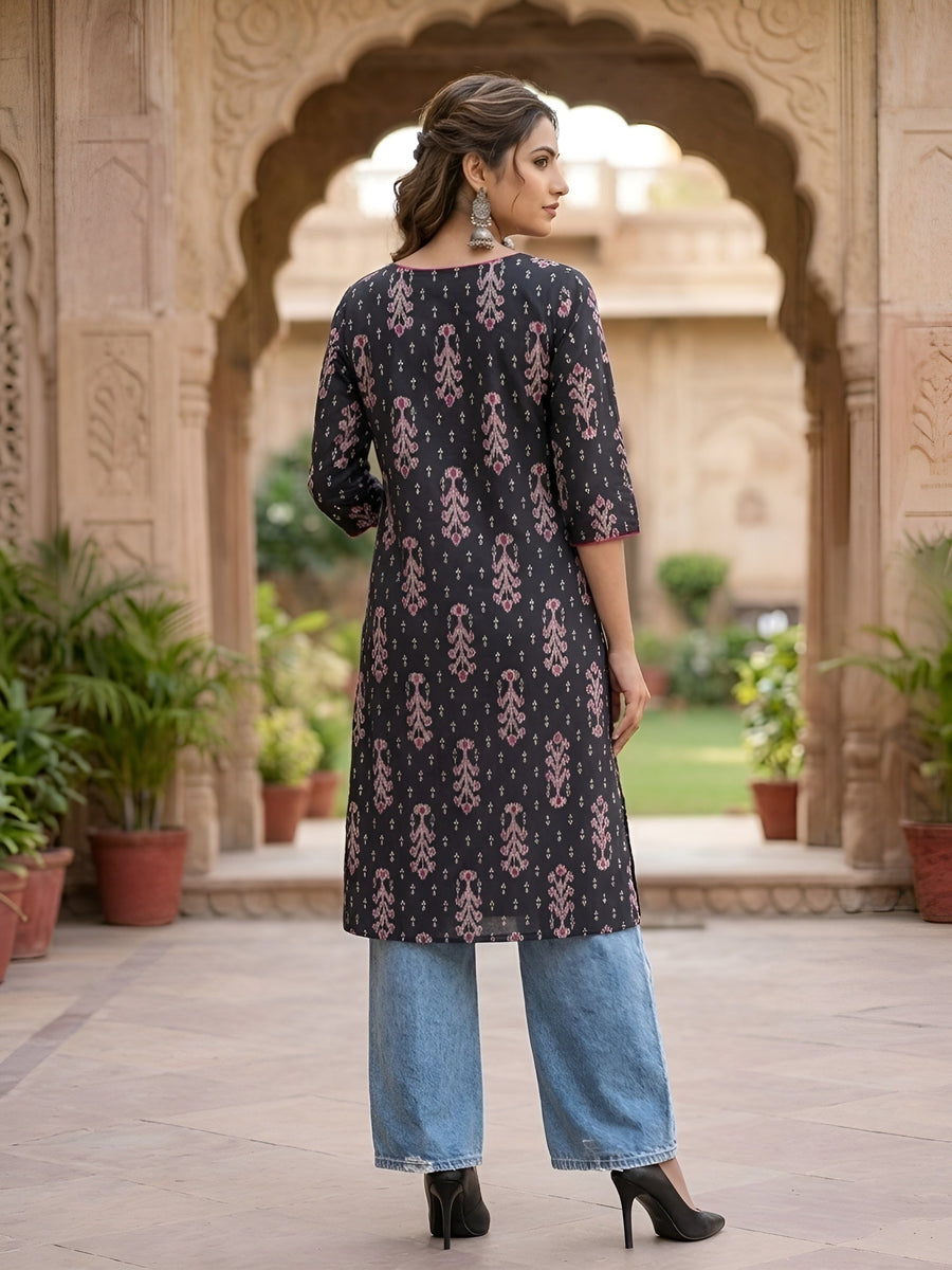 Printed Straight Kurta with Three Quarter Sleeves - Pehnaawaa