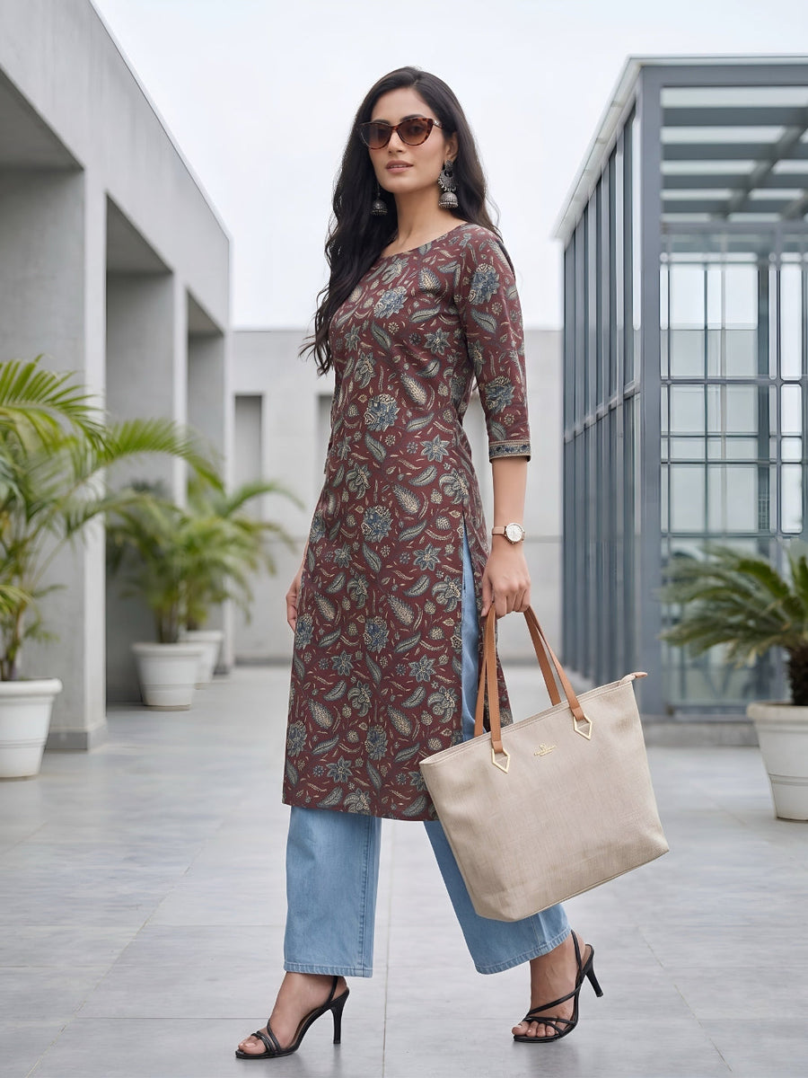 Printed Straight Kurta with Three Quarter Sleeves - Pehnaawaa