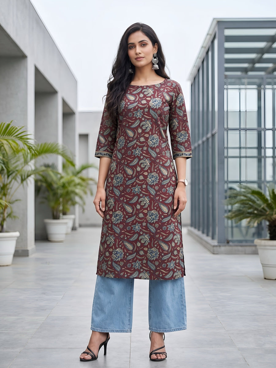 Printed Straight Kurta with Three Quarter Sleeves - Pehnaawaa