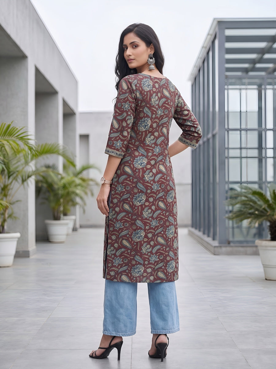 Printed Straight Kurta with Three Quarter Sleeves - Pehnaawaa