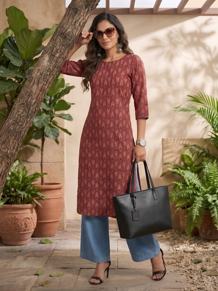Printed Straight Kurta with Three Quarter Sleeves - Pehnaawaa