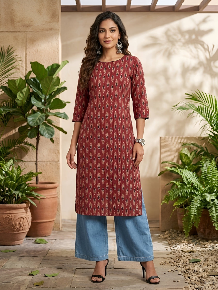 Printed Straight Kurta with Three Quarter Sleeves - Pehnaawaa