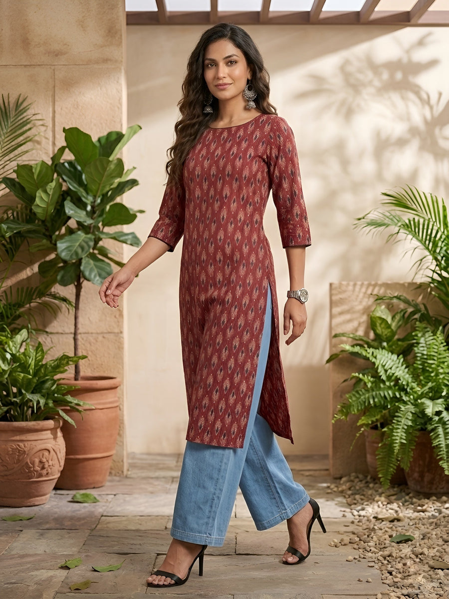Printed Straight Kurta with Three Quarter Sleeves - Pehnaawaa