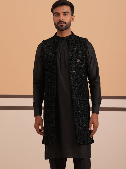 Black Embroidered Long Shrug with Kurta Pyjama Set (JOKPWCS 592B 4145 Black )