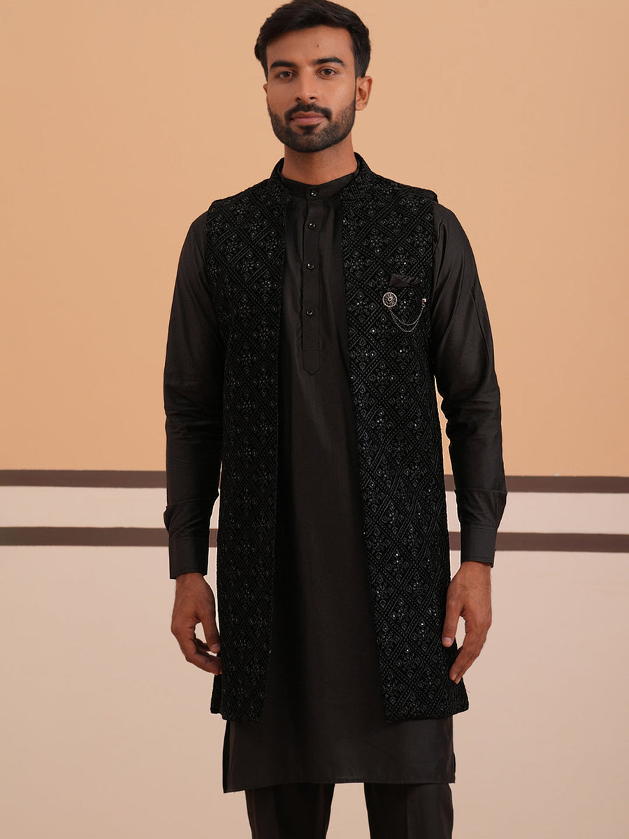 Black Embroidered Long Shrug with Kurta Pyjama Set (JOKPWCS 592B 4145 Black )
