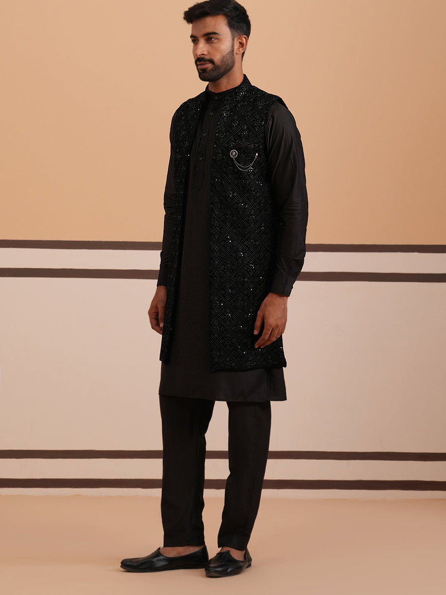 Black Embroidered Long Shrug with Kurta Pyjama Set (JOKPWCS 592B 4145 Black )