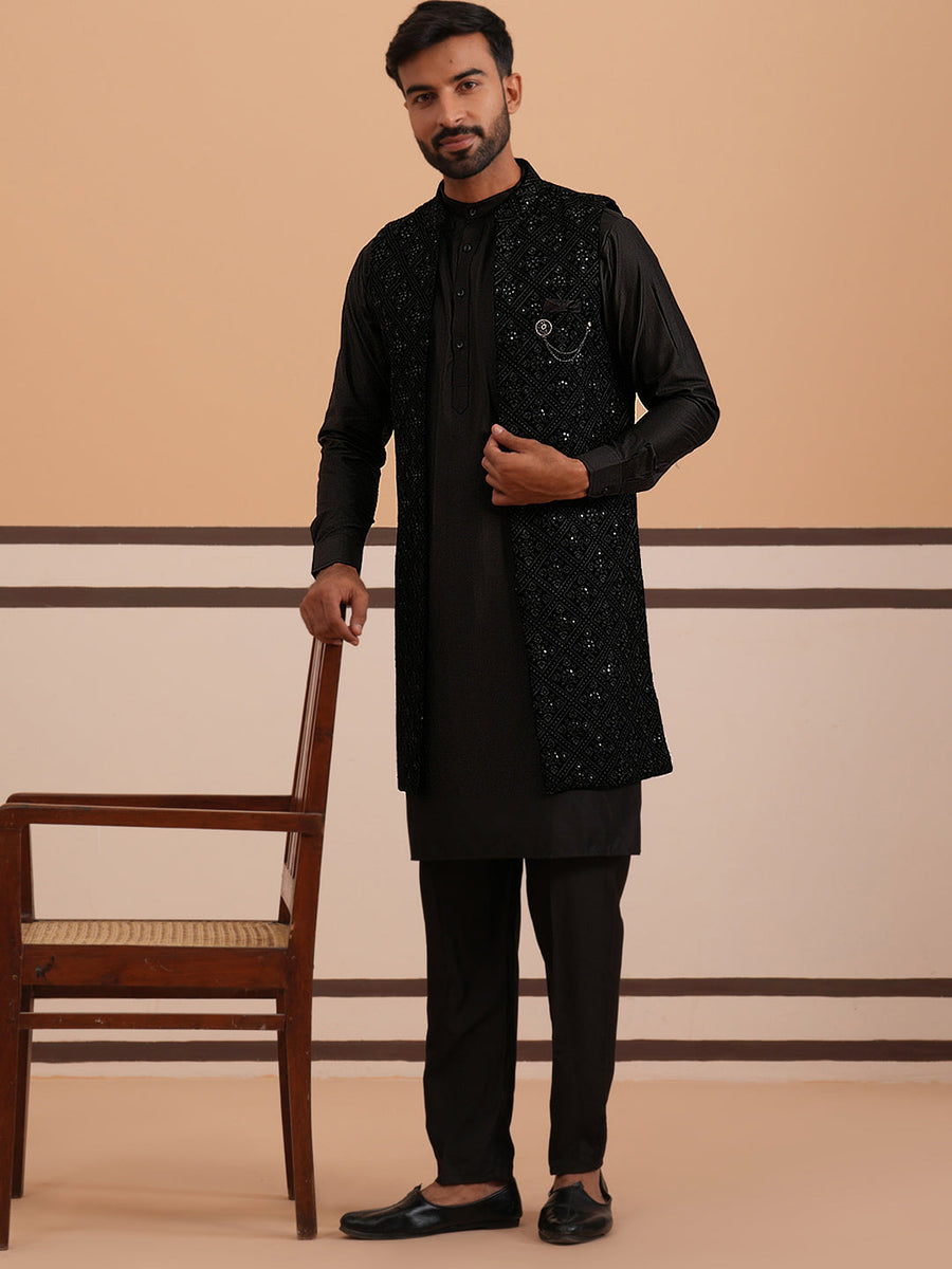 Black Embroidered Long Shrug with Kurta Pyjama Set (JOKPWCS 592B 4145 Black )