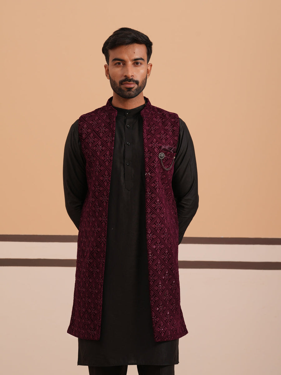 Purple Embroidered Long Shrug with Kurta Pyjama Set (JOKPWCS 592B 4145 Purple )