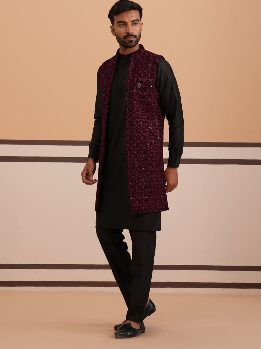Purple Embroidered Long Shrug with Kurta Pyjama Set (JOKPWCS 592B 4145 Purple )