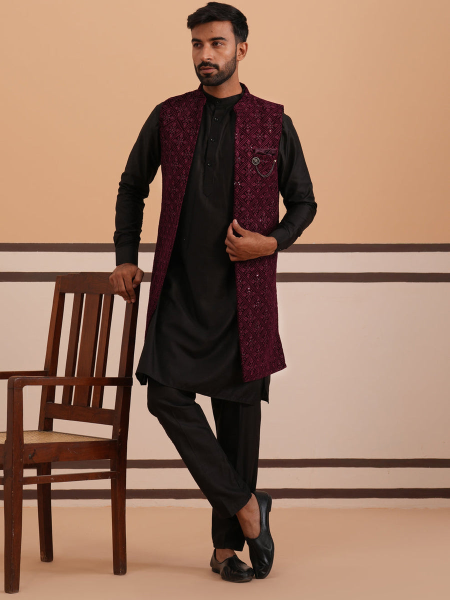 Purple Embroidered Long Shrug with Kurta Pyjama Set (JOKPWCS 592B 4145 Purple )