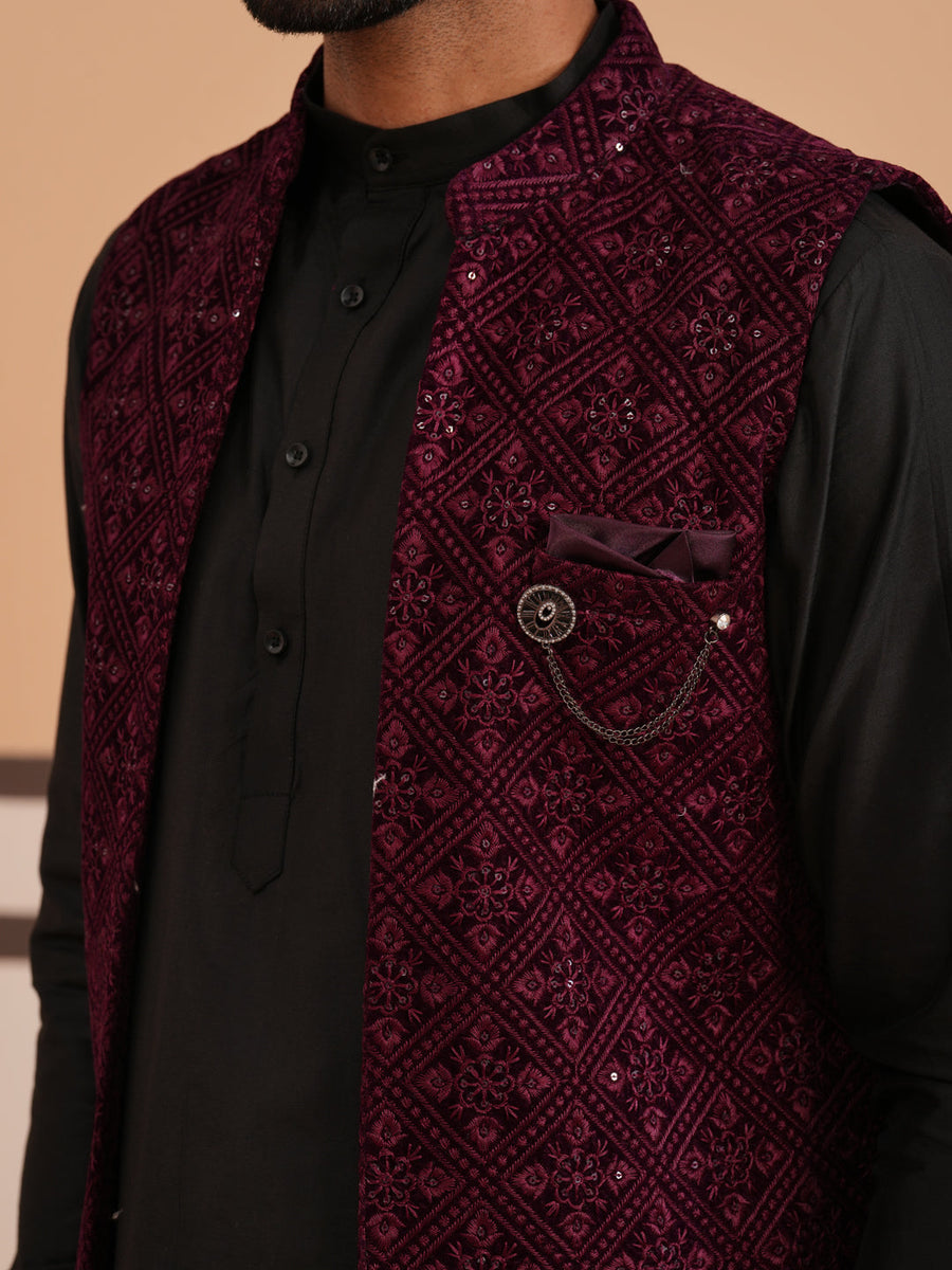 Purple Embroidered Long Shrug with Kurta Pyjama Set (JOKPWCS 592B 4145 Purple )