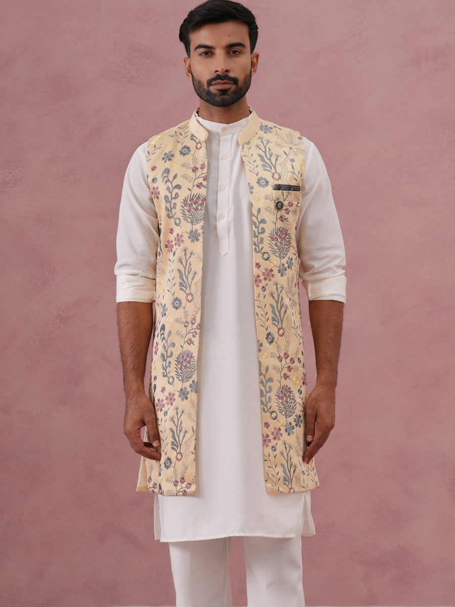 Festive Floral Embroidered Shrug Kurta Set (JOKPWCS 592W 4143 Yellow )