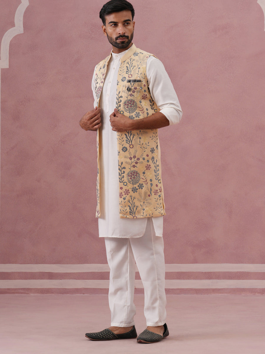 Festive Floral Embroidered Shrug Kurta Set (JOKPWCS 592W 4143 Yellow )