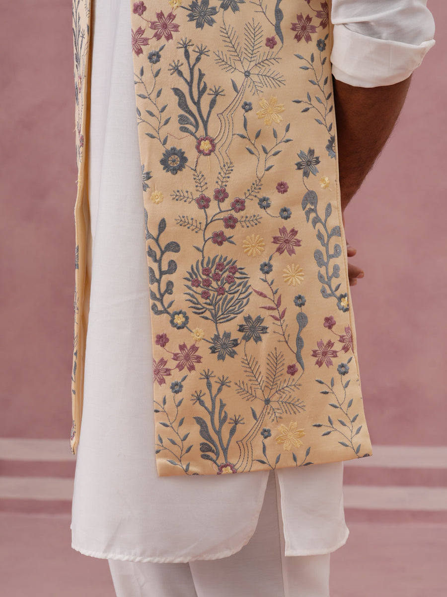 Festive Floral Embroidered Shrug Kurta Set (JOKPWCS 592W 4143 Yellow )