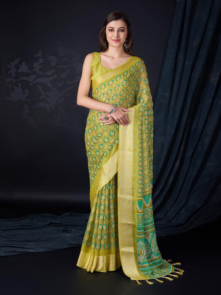 Green Chiffon Saree With Blouse Piece - Pehnaawaa