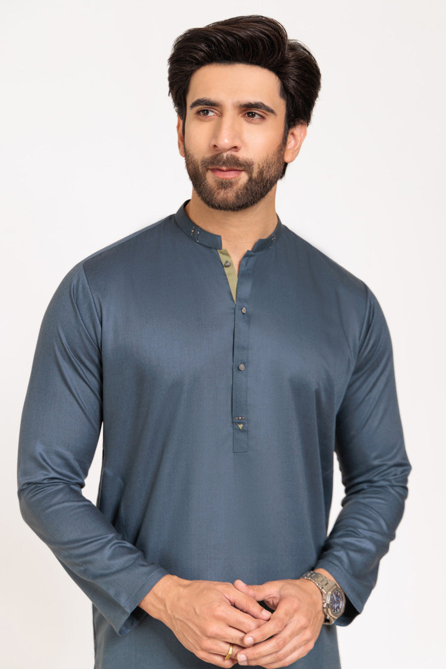 Slate Blue Silk Cotton Kurta | Henley Neckline 2-Piece