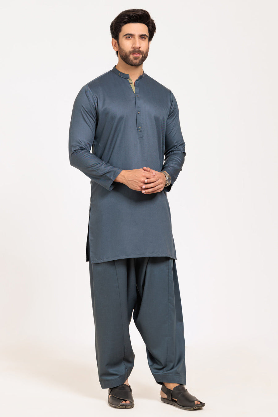 Slate Blue Silk Cotton Kurta | Henley Neckline 2-Piece