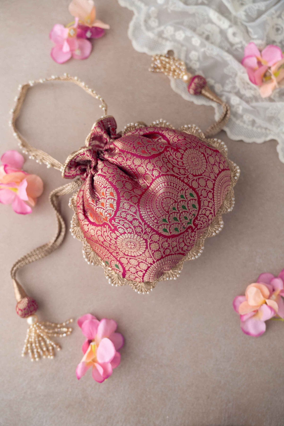 Kashi Pure Banarasi Silk Potli - Dark Pink