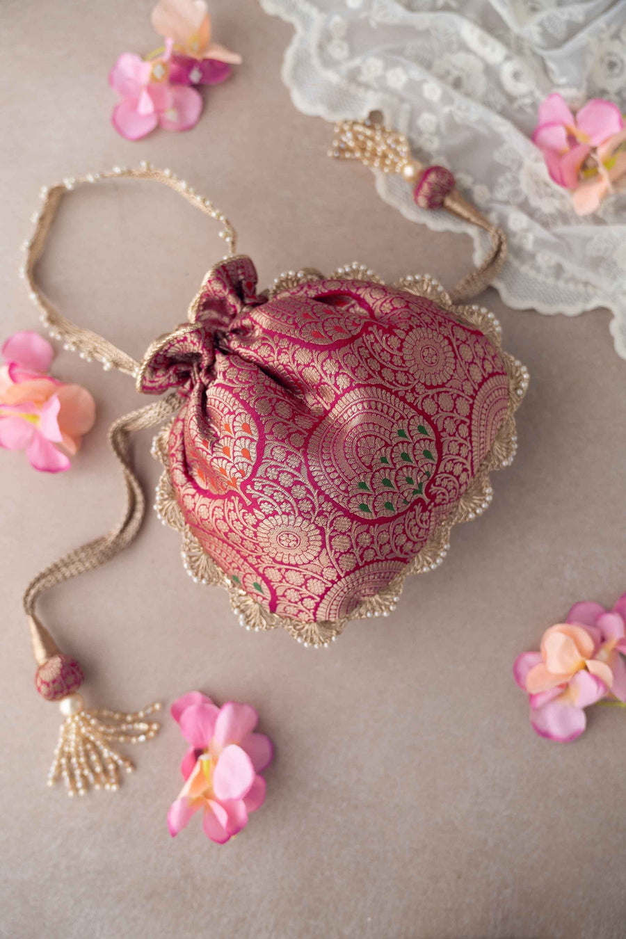 Kashi Pure Banarasi Silk Potli - Dark Pink