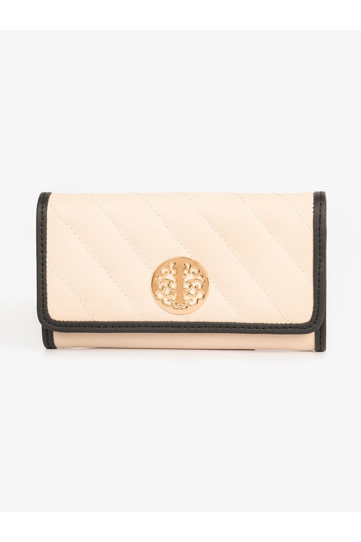 Cream & Black Rexine Quilted Wallet | Gold Ornamental Clasp