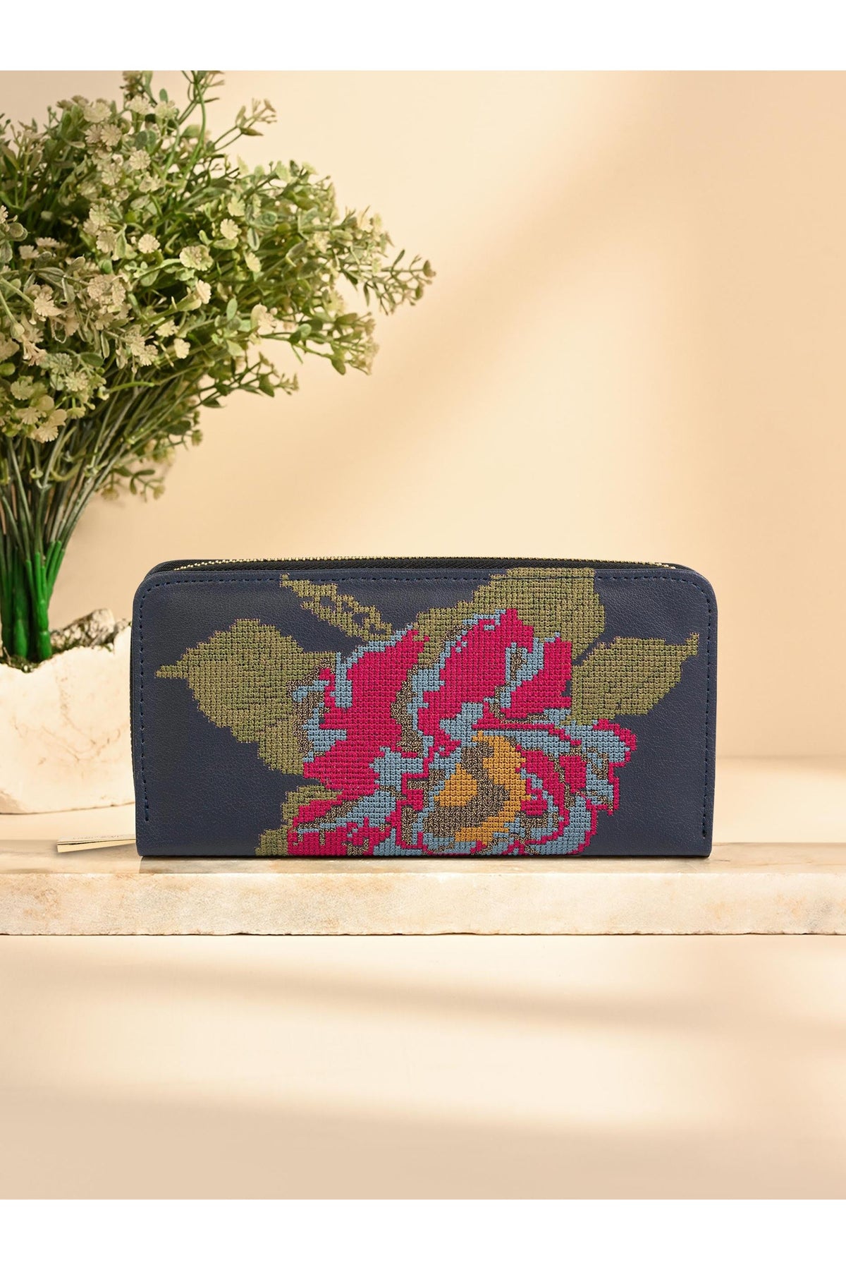 Midnight Navy Leather Wallet | Needlepoint Floral Design