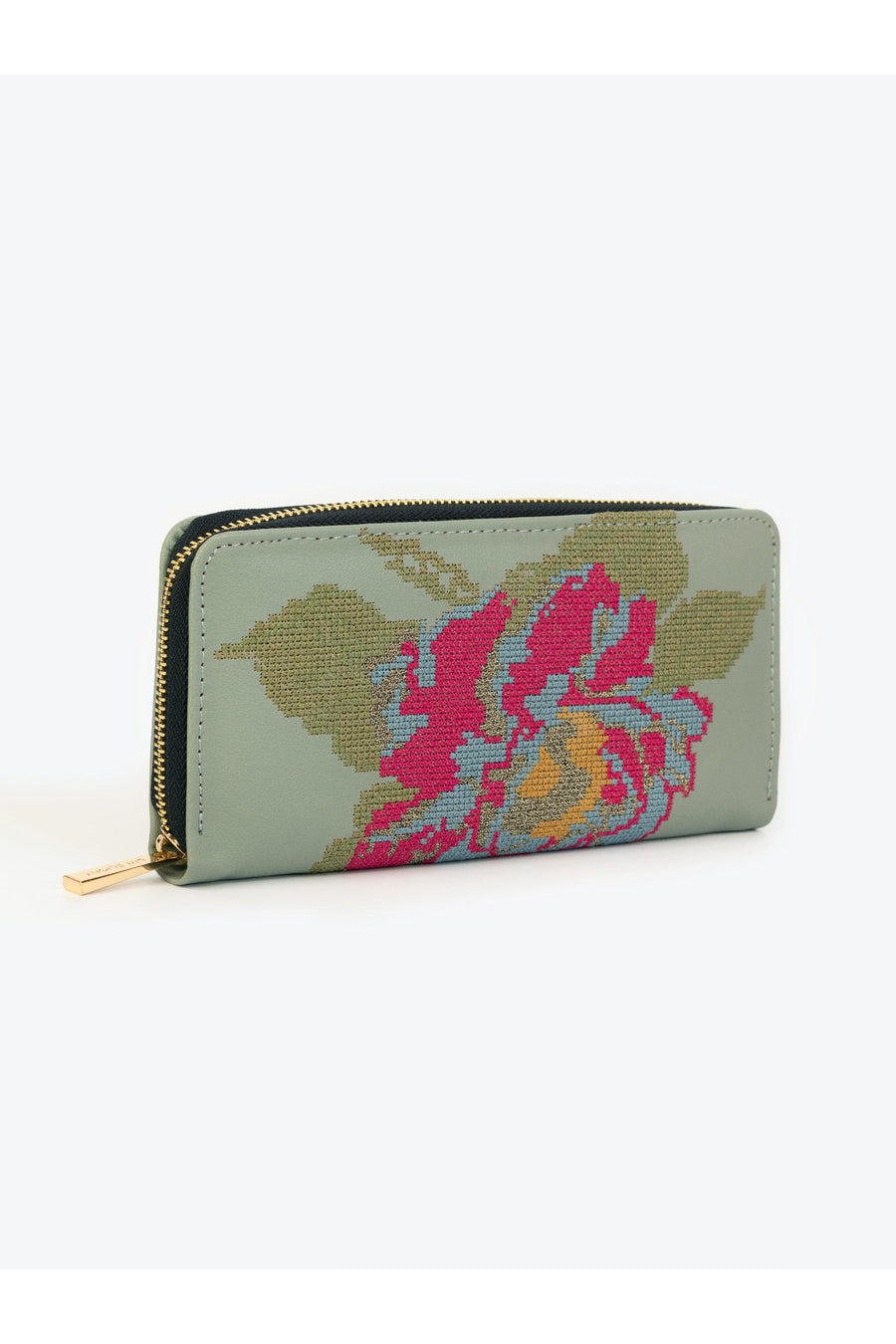 Mint Embroidered Wallet For Daily Use With Elegant Charm