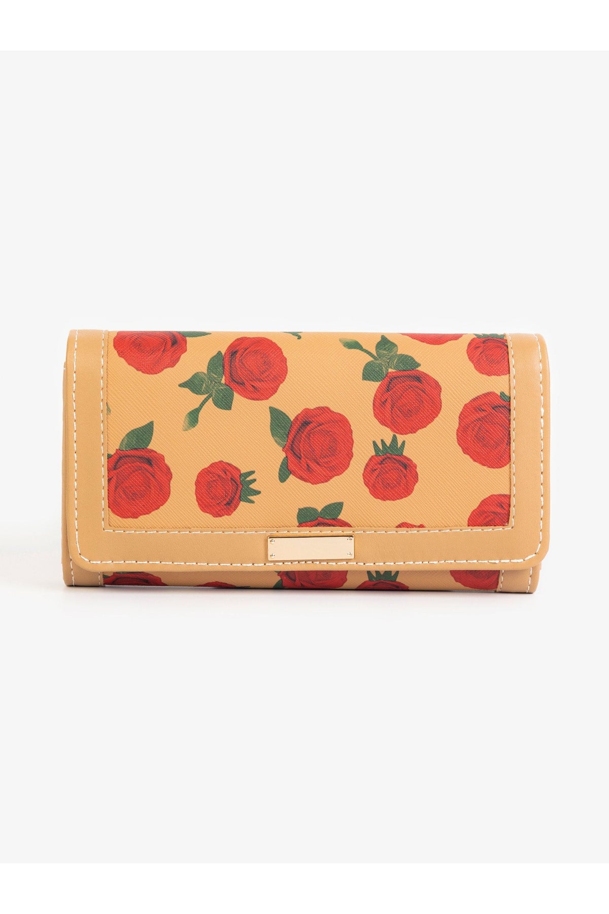 Apricot Cotton Wallet | Pomegranate Print with Tan Leather Trim