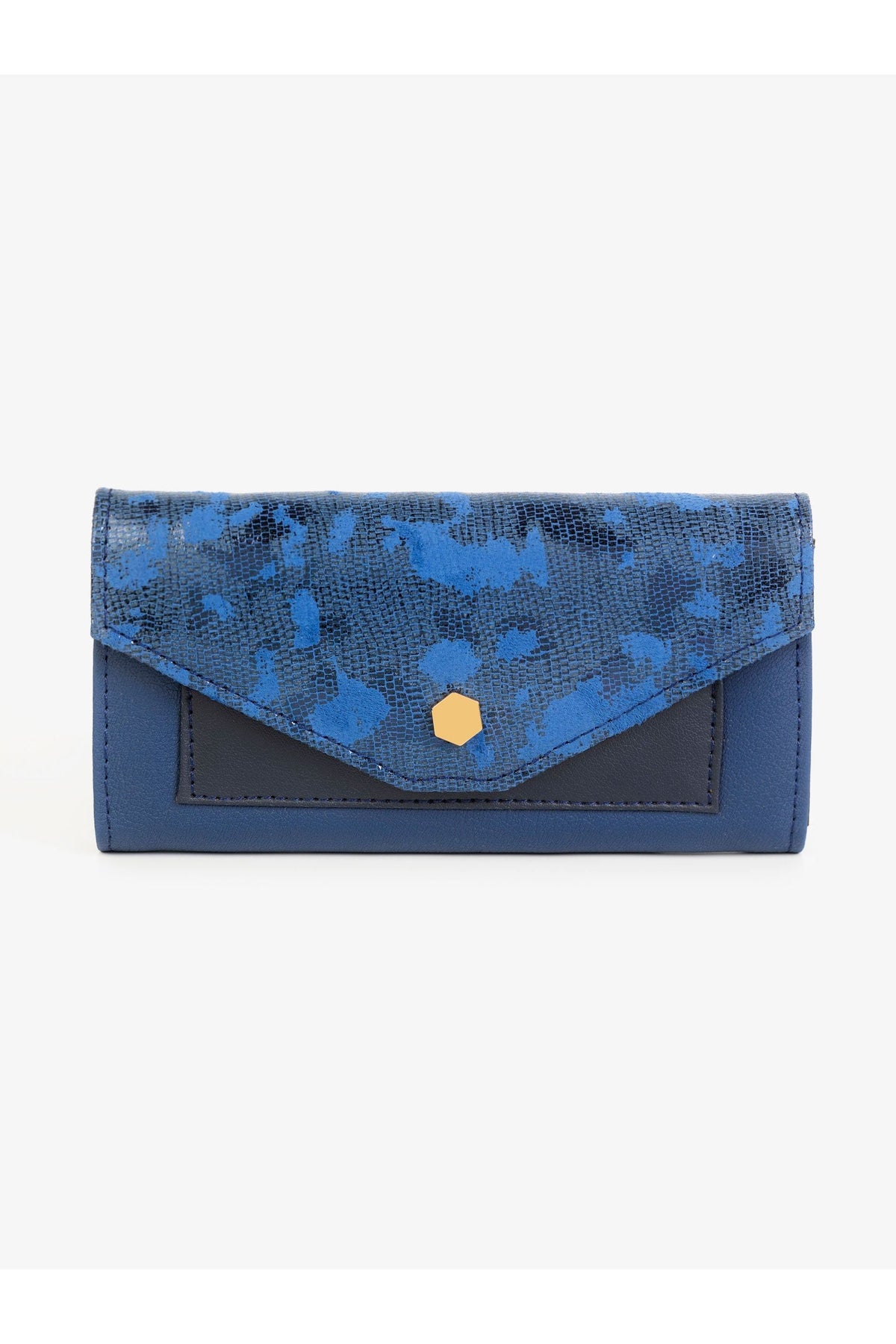 Slate Blue Leather Wallet | Jacquard Flap with Gold Hexagon