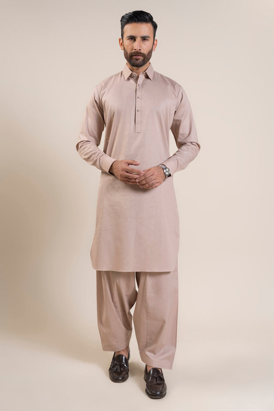 Tea Pink Karandi 2-Piece Kurta Suit | Polo Collar