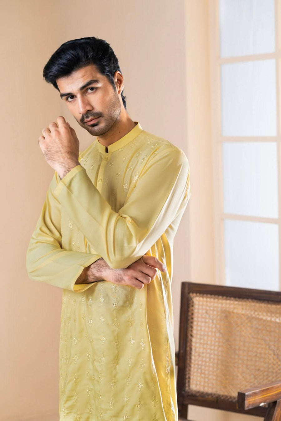 Pale Yellow Blended Fabric 2-Piece Kurta | Slim Band Collar
