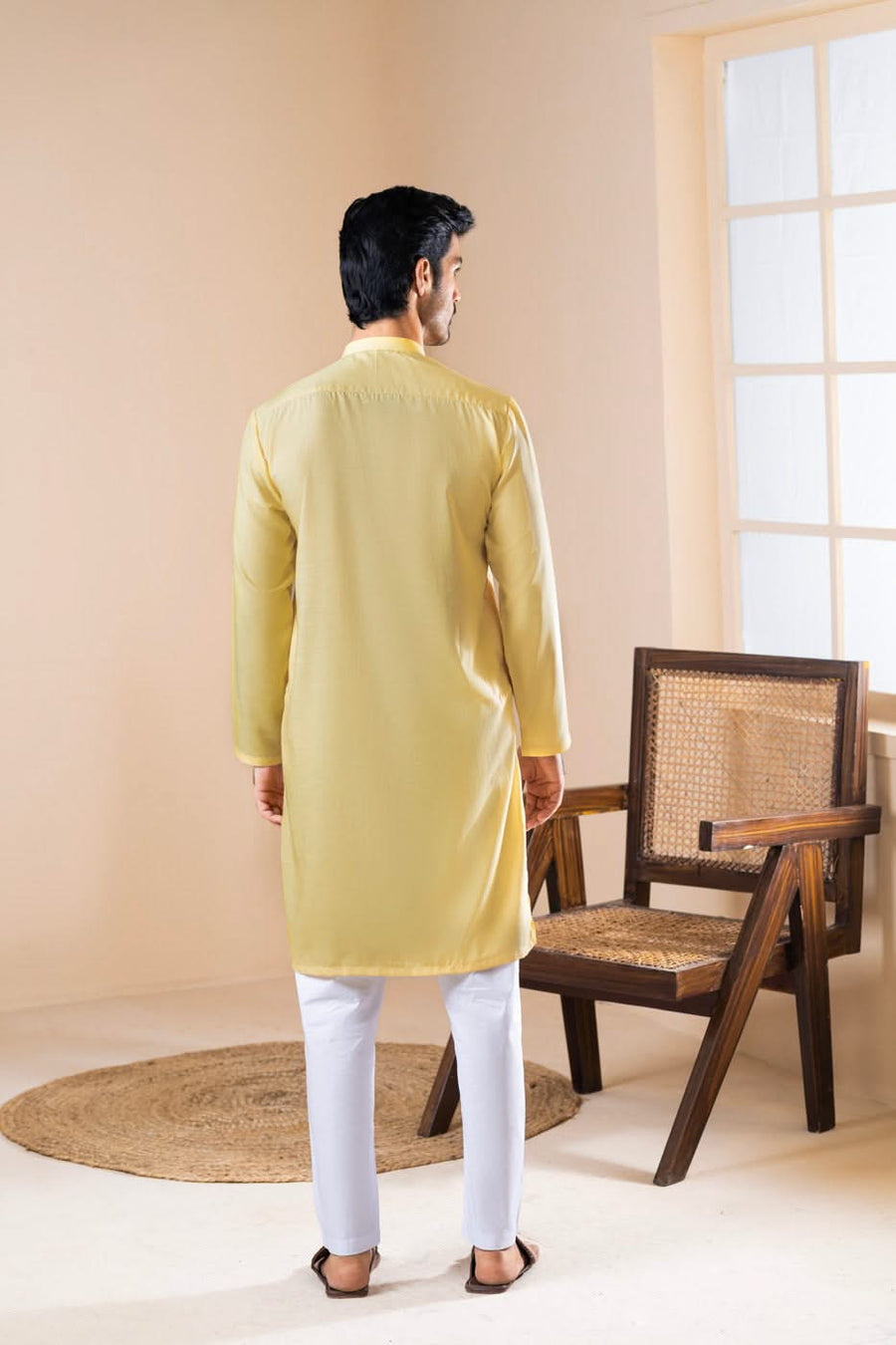 Pale Yellow Blended Fabric 2-Piece Kurta | Slim Band Collar