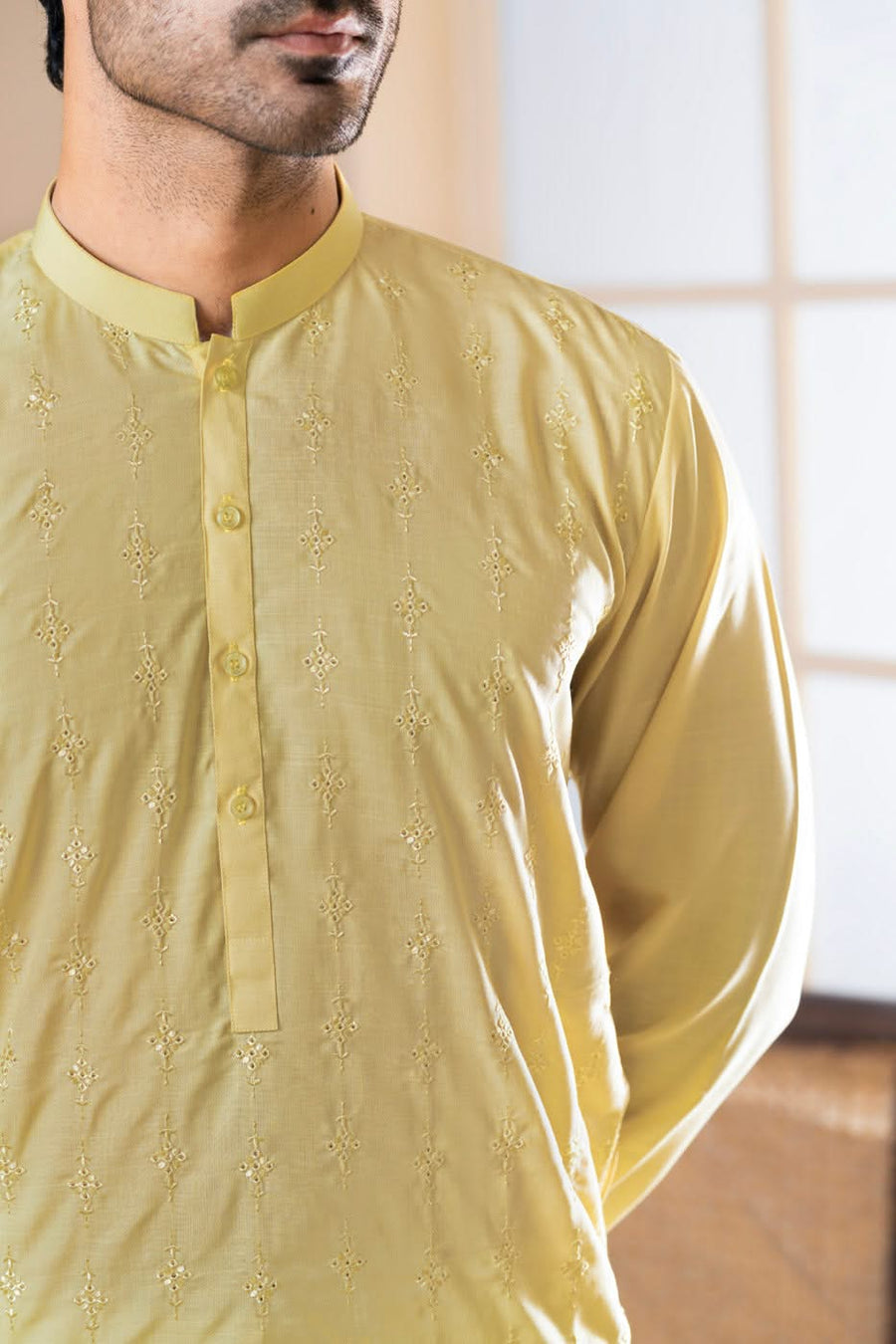 Pale Yellow Blended Fabric 2-Piece Kurta | Slim Band Collar