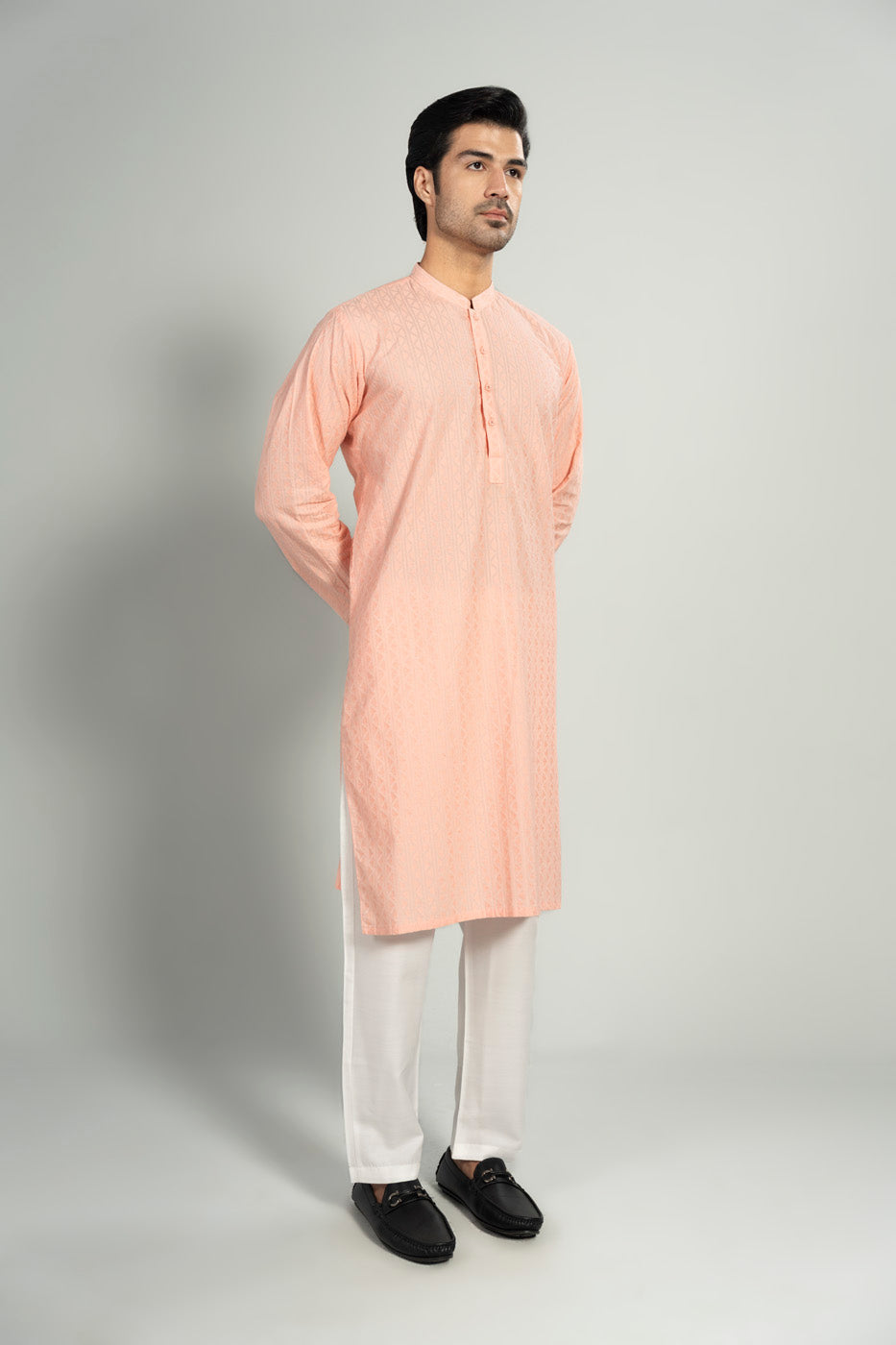 Tea Pink Linen 2-Piece Kurta Set | Mandarin Collar