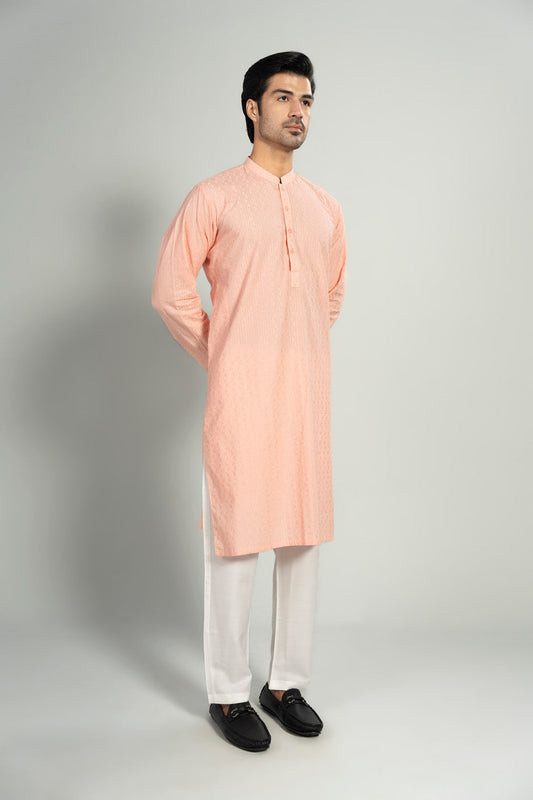 Tea Pink Linen 2-Piece Kurta Set | Mandarin Collar