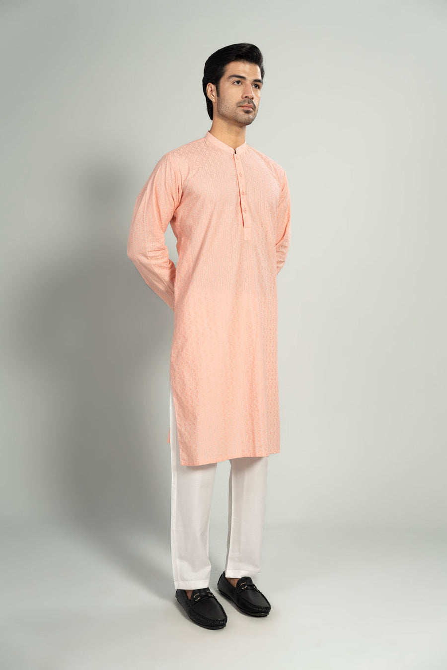 Tea Pink Linen 2-Piece Kurta Set | Mandarin Collar