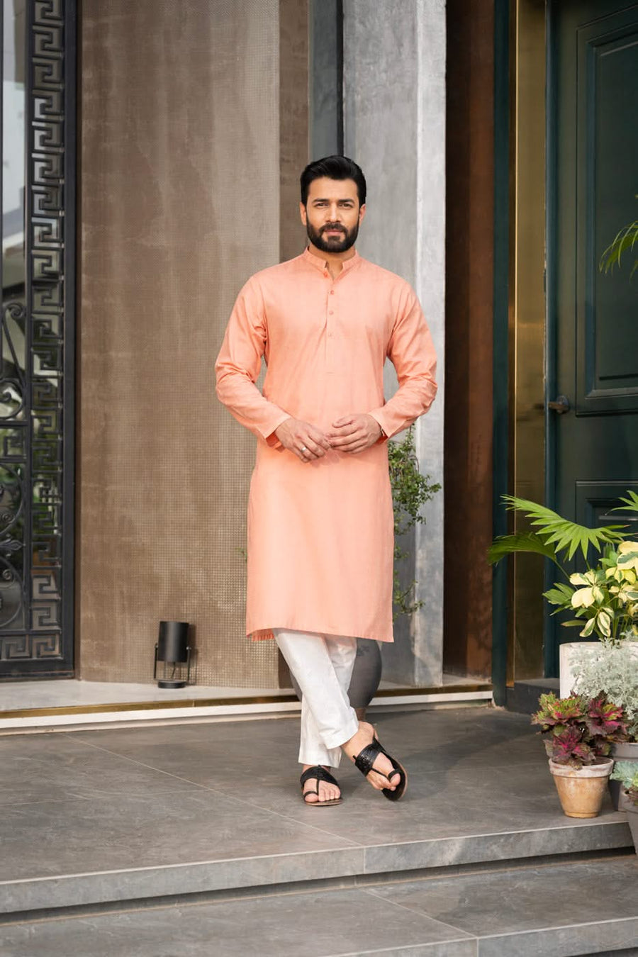 Peach Jacquard 2-Piece Kurta | Band Collar