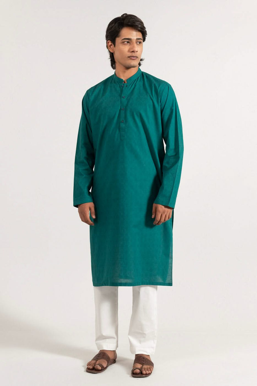 Teal Mulberry Silk 2-Piece Kurta | Band Collar