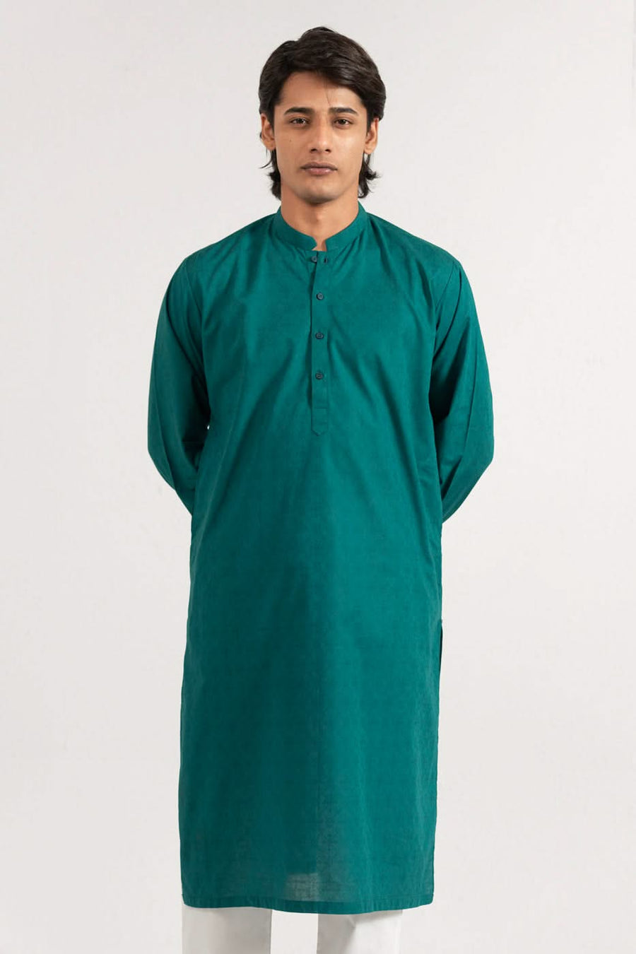 Teal Mulberry Silk 2-Piece Kurta | Band Collar