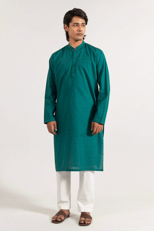 Teal Mulberry Silk 2-Piece Kurta | Band Collar