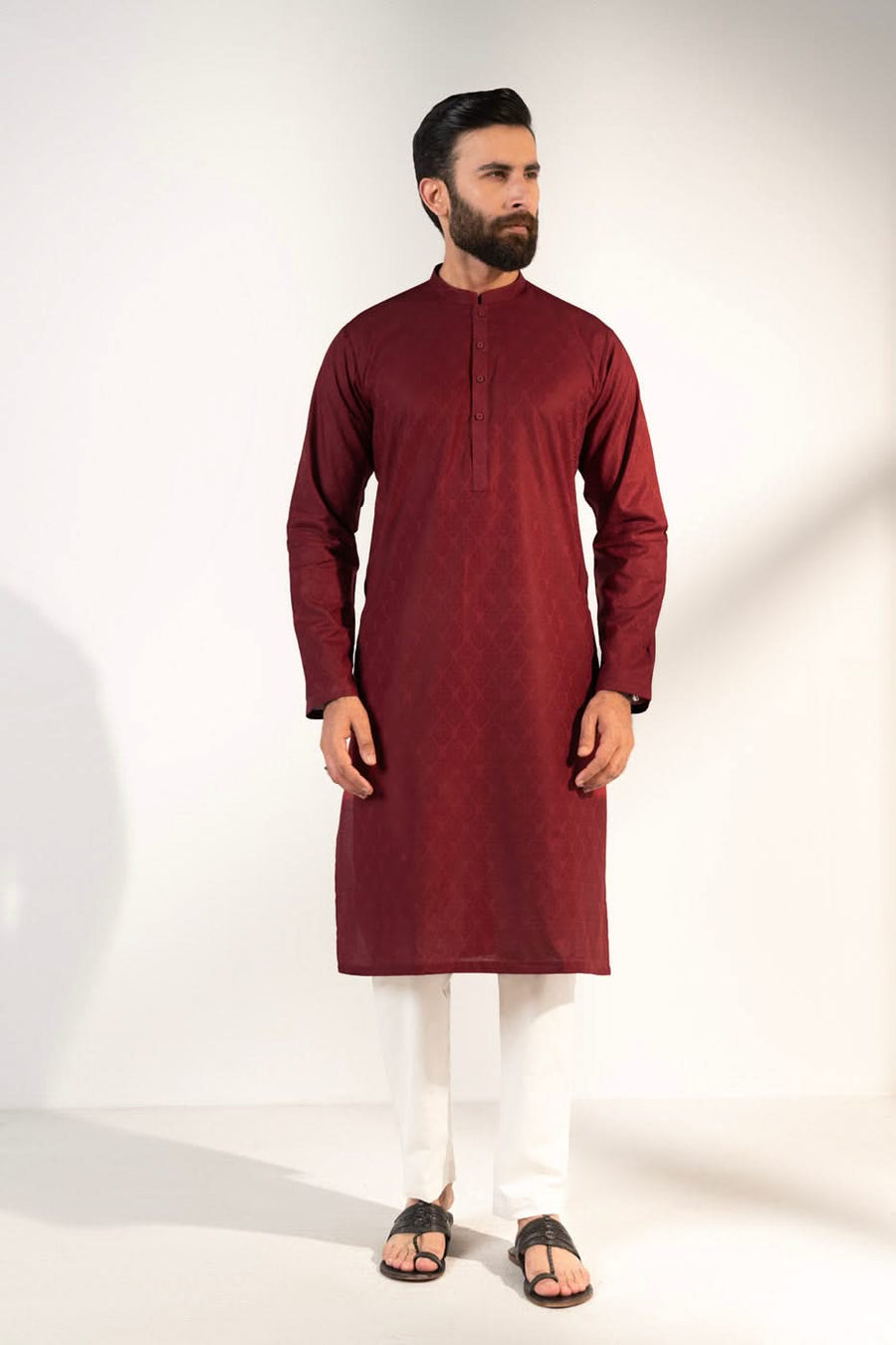 Burgundy Silk Jacquard 2-Piece Kurta | Band Collar