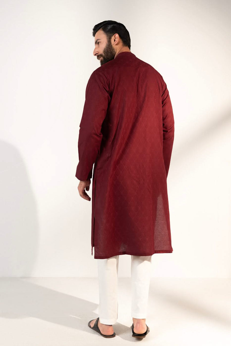 Burgundy Silk Jacquard 2-Piece Kurta | Band Collar