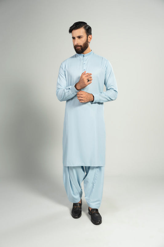 Sky Blue Crape Dobby 2-Piece Kurta | Band Collar